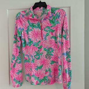 NWT! LILLY PULITZER, med Justine half zip-up UPF 50+, Pink blossom try your zest